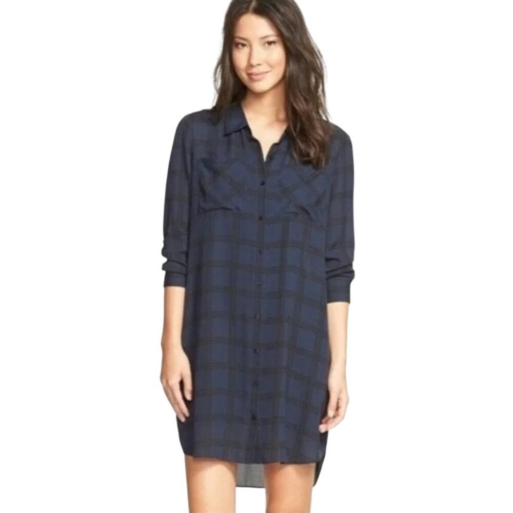 Fisher Fisher Project Women's Small Blue Windowpane Plaid Silk Shirt Dress D25-9
